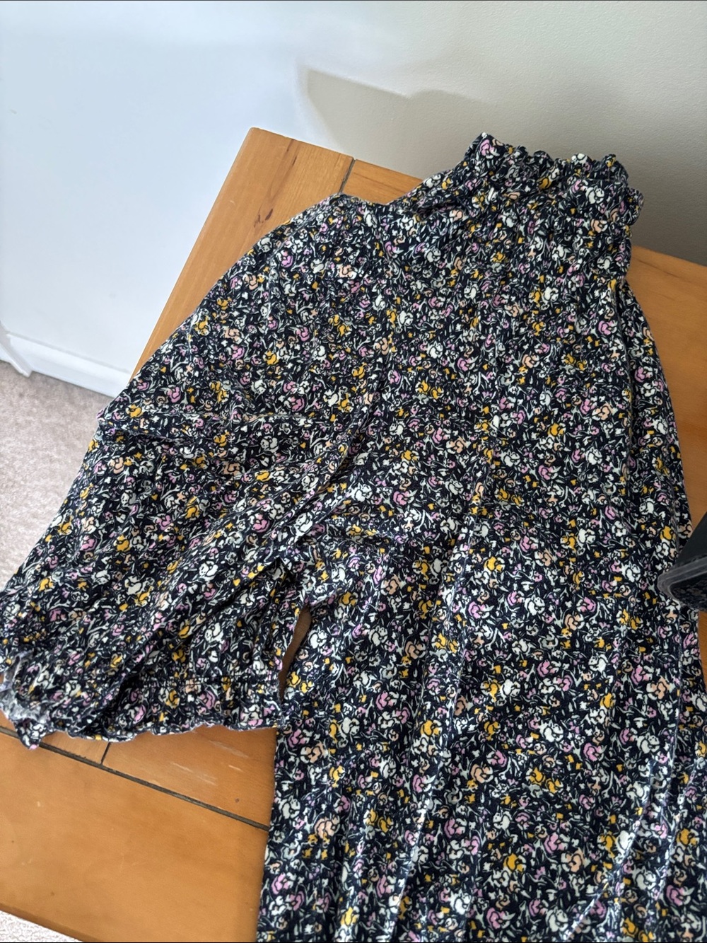 LOFT Black Floral Smocked Midi with Pink and Mustard Accents